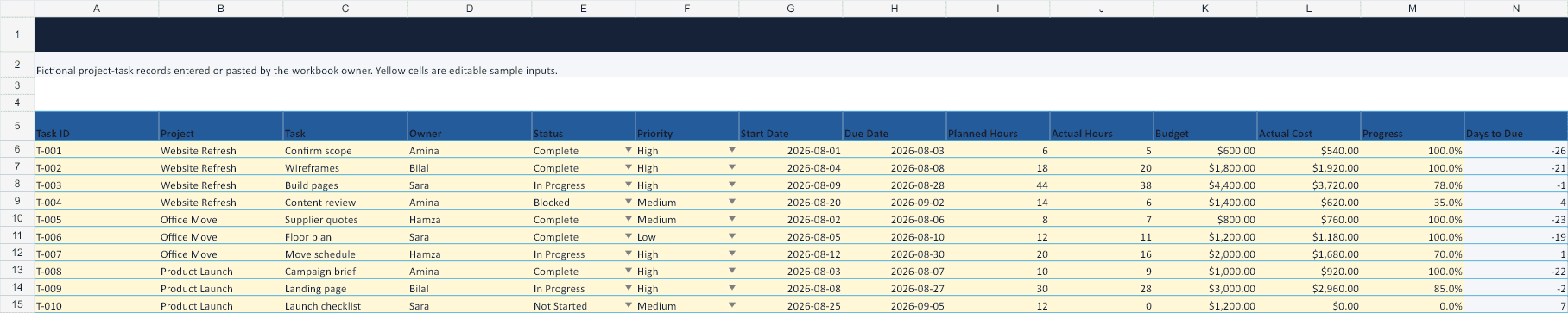 Project Management Dashboard Template Tasks sheet preview