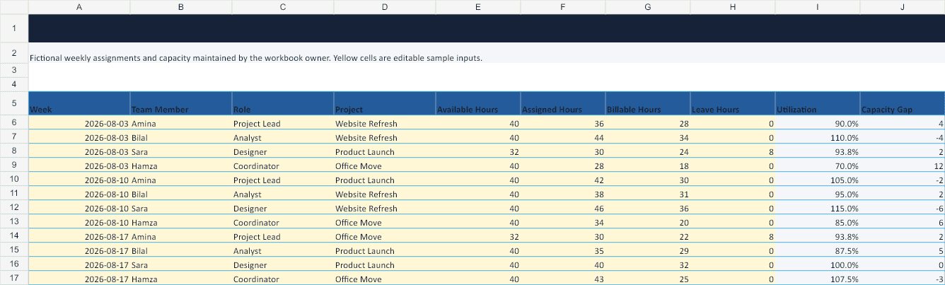Resource Capacity Planning Spreadsheet Assignments sheet preview